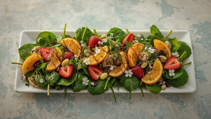 Fresh fruit salad with strawberries, oranges, and herbs served on a white rectangular dish.