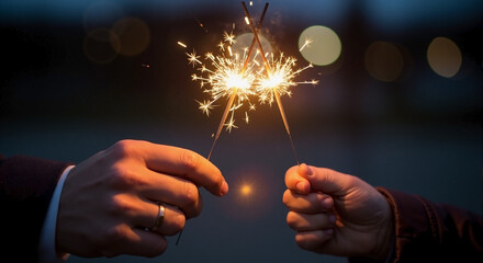 Hands holding sparklers in dark setting, glowing brilliantly. Hands with sparklers ignite celebration mood, creating festive atmosphere against dim backdrop. Capture joy with hands holding sparklers.