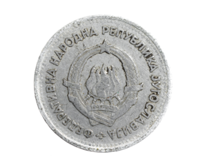Yugoslavia one dinar coin on white isolated background