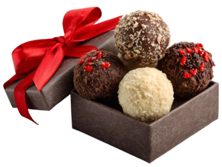 Assorted gourmet chocolate truffles in a gift box tied with a red ribbon against a on transparent background