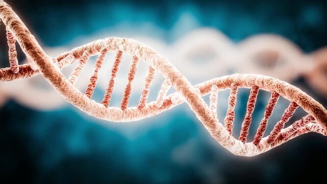DNA Helix: A close-up view of a detailed DNA helix, the double-stranded structure of life, against a soft-focus background, symbolizing genetics and scientific discovery.