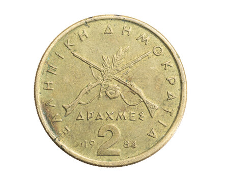 Greece two drachmas coin on white isolated background