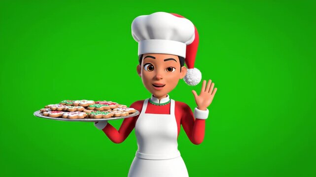Christmas Baker with Cookies - A 3D video woman in a chef's hat and Christmas hat is holding a platter of decorated Christmas cookies. The background is a solid green color, ideal for chroma keying.