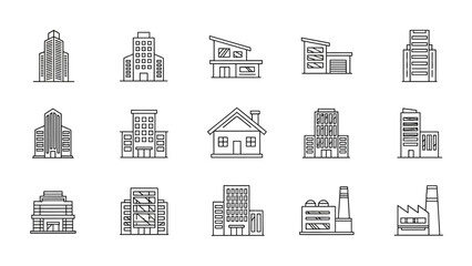 Fototapeta premium Modern line art icon set of diverse architecture. Includes urban skyscrapers, residential houses, and industrial structures, ideal for design and real estate projects