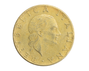 Italy two hundred lire coin on a white isolated background