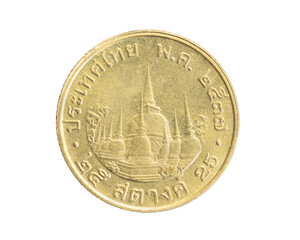 Thailand twenty five baht coin on white isolated background