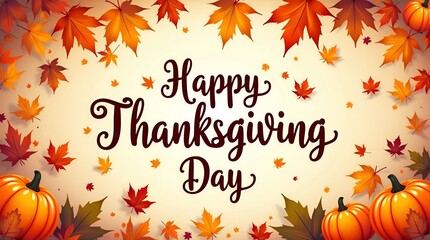 Calligraphic Thanksgiving text in elegant script, decorated with swirling orange, red, and yellow fall leaves, perfect for greeting cards
