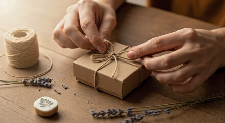 Hands wrapping a small handmade gift, with a rustic twine bow on a wooden table. Hands wrap a handmade gift with attention to detail and a personal touch.