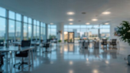 Modern office space with large windows and natural light, equipped with desks and chairs. Professional workspace environment.