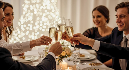 People toasting with champagne at festive dinner, glasses raised in celebration. People toasting and sharing joy around festive dining table with elegant floral centerpiece.