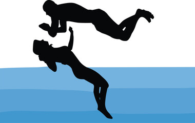 Swimming silhouette illustration, two people underwater, diving and floating figures, water sports scene, aquatic movement artwork with blue layered waves