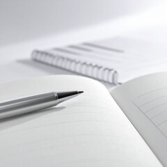 Close-up of a silver pen resting on an open lined notebook page writing study