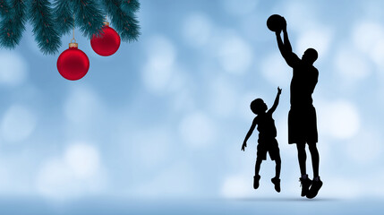 Realistic faceless father son playing basketball near Christmas decorations, winter transparent background, holiday sports activity, seasonal family fun concept , with copy space