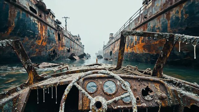 Rusted steering wheel navigating through massive abandoned ships graveyard on foggy water.