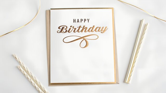 Elegant happy birthday card with gold lettering and straws on white background