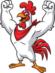 Muscular rooster flexing, strong cartoon chicken, confident farm mascot, red bandana, energetic pose, poultry power, flat vector illustration