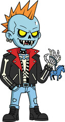 Punk skeleton character, mohawk hairstyle, leather jacket, cartoon rebel, edgy fashion, bone hand, unique style, flat vector illustration