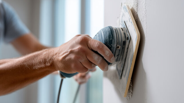 Sanding drywall surface for smooth finish. A person sands a patched drywall section using a pole sander, light catching the fine dust in the air. The natural softness and handheld