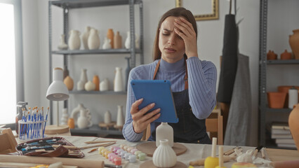 Woman holding tablet and touching forehead at a pottery workbench in an artisan studio surrounded by ceramic vases and sculpting tools; frustration creative block.