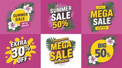 Six Summer Sale And Mega Sale Promotional Graphics With Tropical Leaves And Flowers discount offer