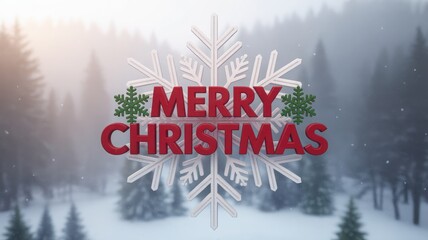 Festive 3d merry christmas text overlay on a large white snowflake in a snowy forest
