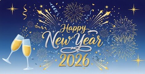 Naklejka premium Happy New Year 2026 Celebration with Champagne and Fireworks