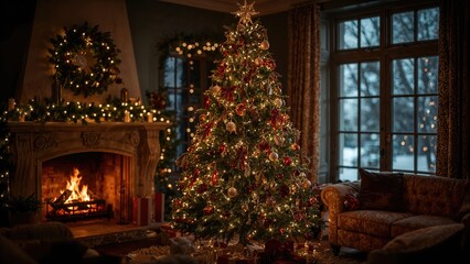 Fototapeta premium A cozy Christmas living room with a decorated Christmas tree, lit fireplace, and large windows showing a snowy evening outside.