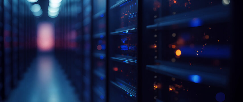 Futuristic data center hallway filled with glowing servers representing cloud storage, digital infrastructure and secure high-tech networks - Powered by Adobe