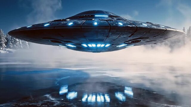 UFO Hovering Above Frozen Lake With Perfect Mirror Reflection