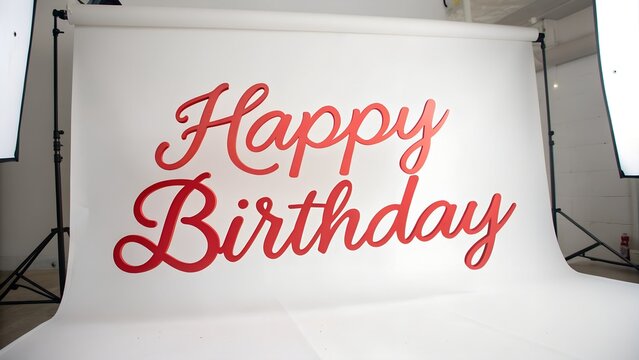 Happy birthday red script on white backdrop in studio setting