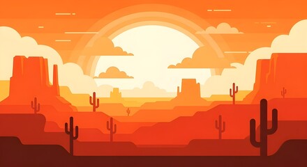 Warm desert landscape with cacti mountains and a bright sun illustration
