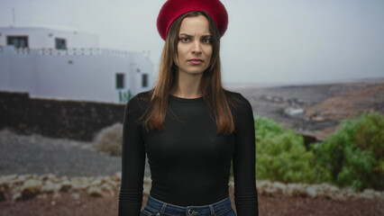 Woman wrinkling nose and grimacing on street by white building and rocky shore, wearing red beret,...