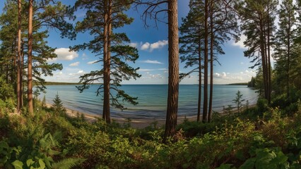 A peaceful lakeside scene with trees and blue sky.