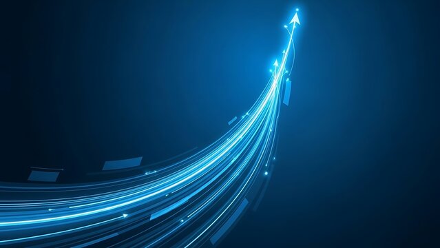 Dynamic blue lines lead to arrow symbol, representing growth, progress and upward trends in modern business and technology industries, concept