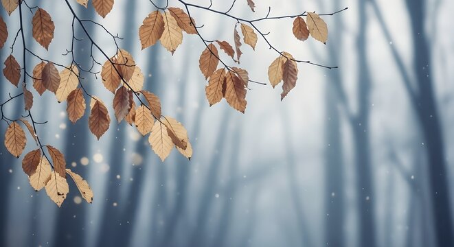 Winter beech tree branch with dried leaves in a forest setting