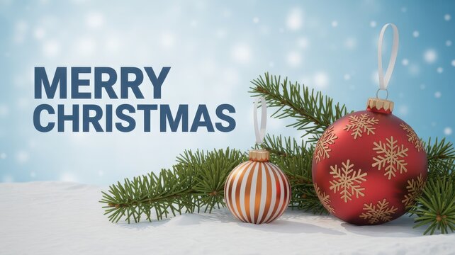 Merry christmas greeting card with festive ornaments and pine branch on snowy blue background - Powered by Adobe