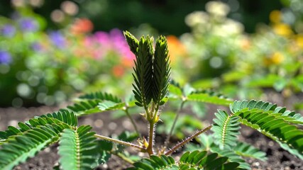 Sensitive Plant Mimosa Pudica Reacting to Touch A CloseUp of Leaf Movement and Folding in Response to a Finger Demonstrating Thigmotropism and Plant Defense Mechanisms in a Natural Garden Setting.