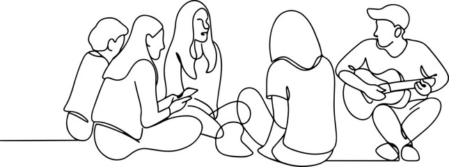 Diverse group of people playing musical instruments silhouette line art isolated on white background