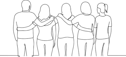 Diverse group of people in a stylized line art silhouette isolated on white background