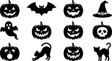 Collection of halloween themed icons featuring spooky silhouettes isolated on white background
