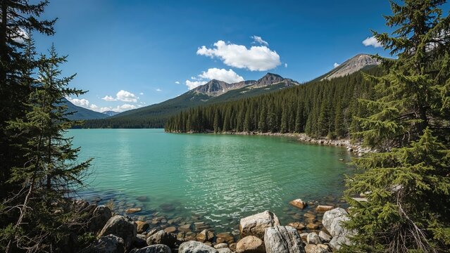 A scenic landscape featuring a lake, mountains, and pine trees under a partly cloudy sky.