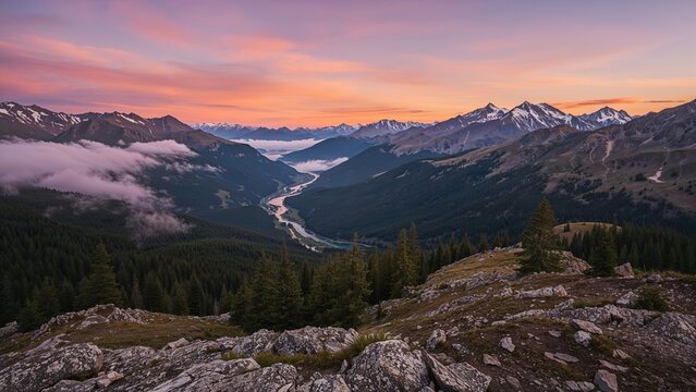 Vast mountain landscape at sunrise or sunset with snow-capped peaks, lush forests, and a river winding through the valley. - Powered by Adobe