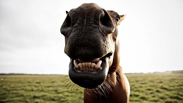 Funny Horse Opens Mouth Wide Laughing Wildly in Rural Grass Field