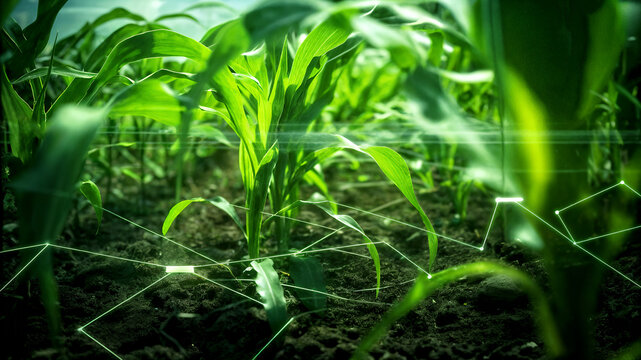 Healthy green crop field enhanced by digital data overlay representing eco-friendly smart agriculture, sustainable farming and precision growth - Powered by Adobe