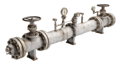 Rusty industrial pipe with gauges and valves.