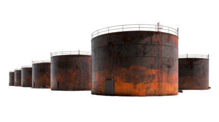 Rusty industrial storage tanks in a row.