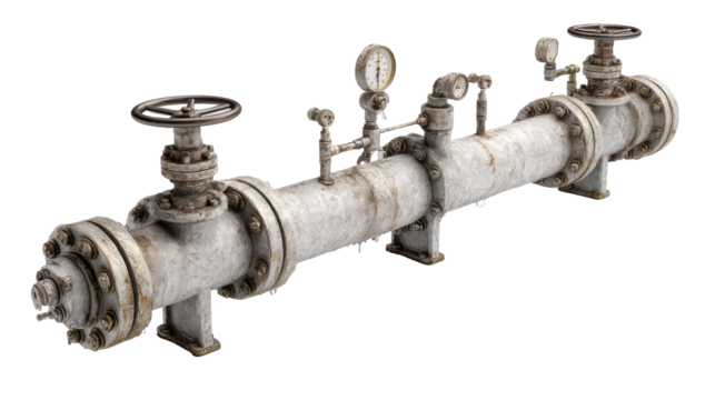 Rusty industrial pipe with gauges and valves.