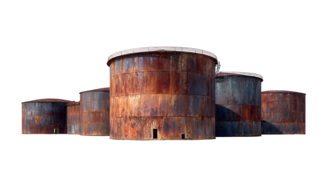 Rusty industrial storage tanks against a white background.