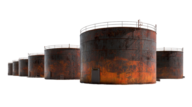 Rusty industrial storage tanks in a row.