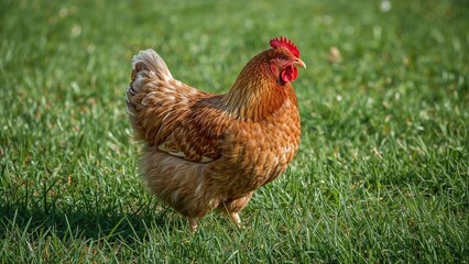 A hen standing on green grass in an outdoor setting.